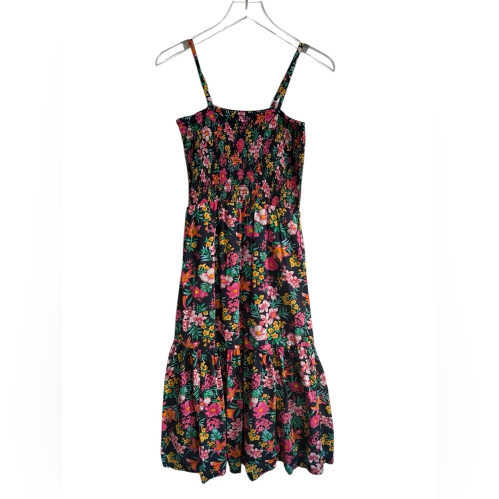 J Crew Floral Smocked Tiered Sleeveless A-Line Midi Dress Boho Navy Pink Size S - Picture 5 of 15